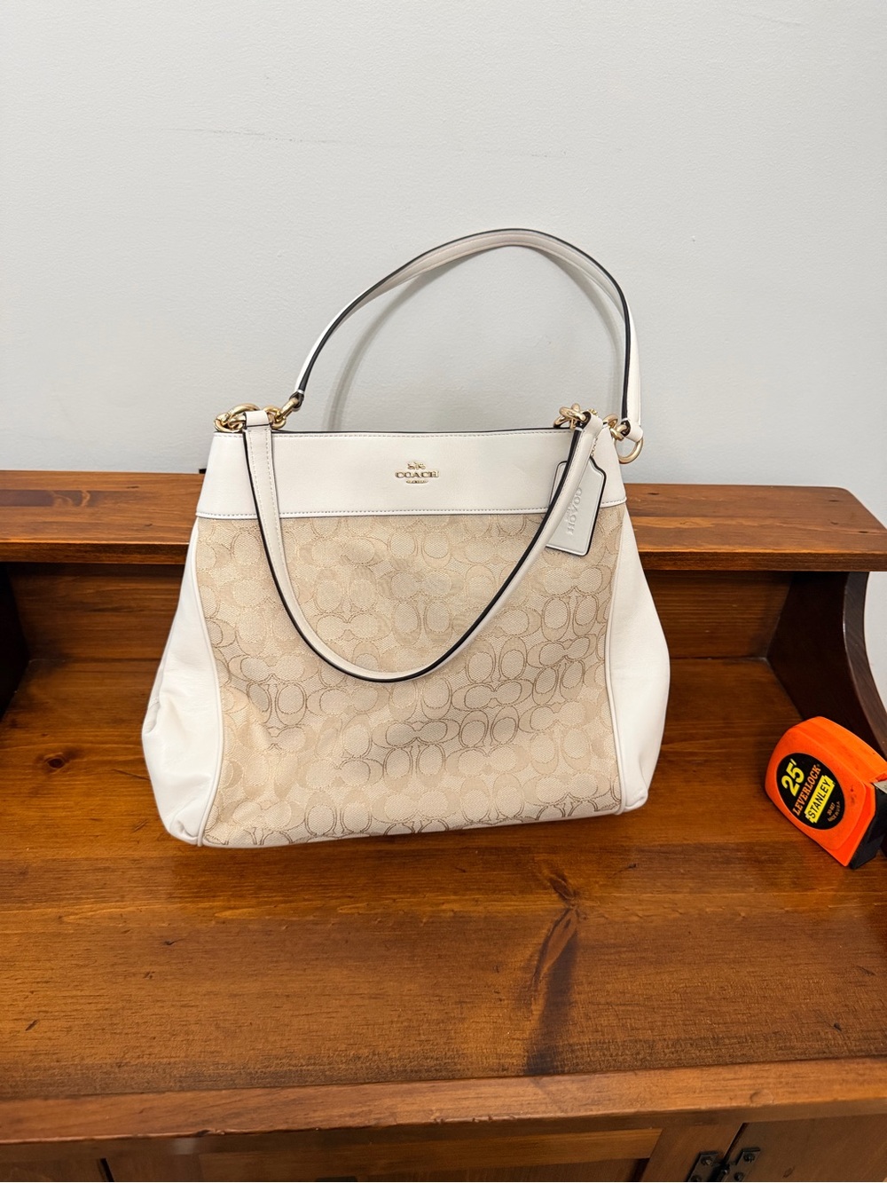 Coach Beige Signature Canvas Shoulder Bag with White Leather Trim